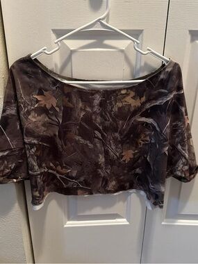 SHEIN Brown Camo Off-Shoulder Cropped Top